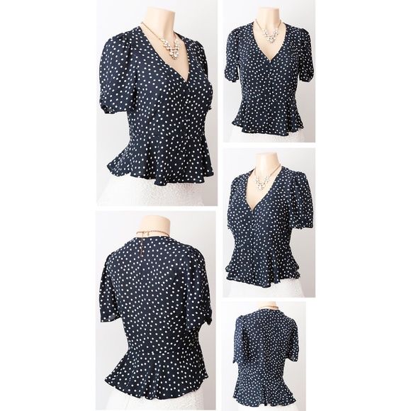 Navy Polka Dot Deep V Neck Button Peplum Shirt Top - Picture 3 of 8